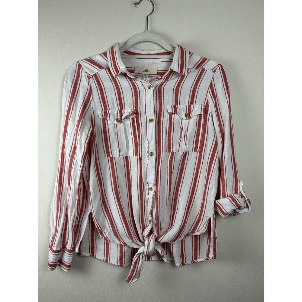 Thread & Supply Cassidy Linen Blend Striped Button Up Tie Front Shirt Roll Tab M